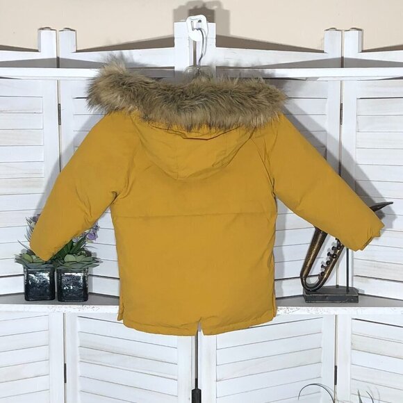 Zara Puffer Jacket Mustard Yellow Faux Fur Hood Size 4/5 - Picture 2 of 9
